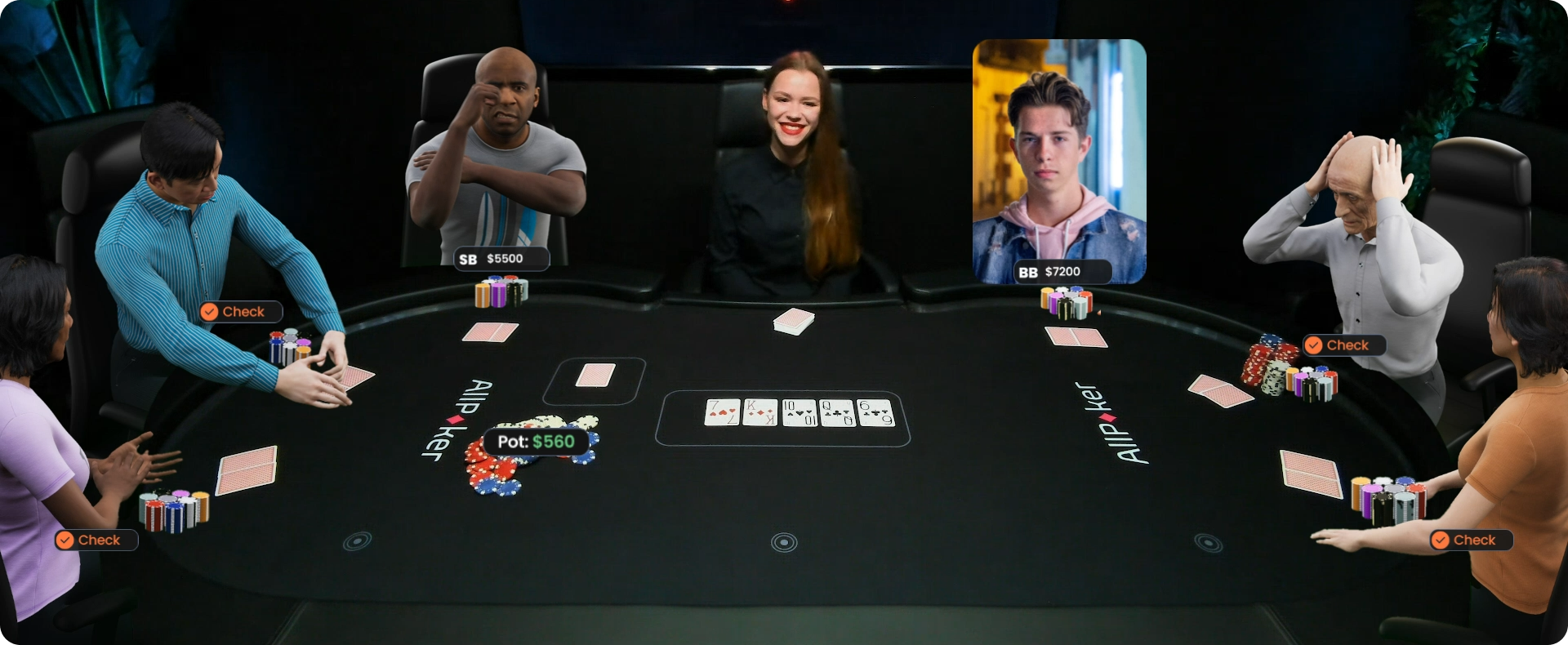 AllPoker live game screenshot with live dealer and animated user charaters